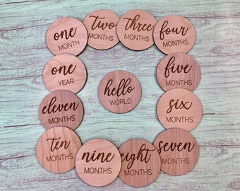 Wooden Baby Monthly Milestone Discs, Infant Photo Props, Hello World Nursery Decor