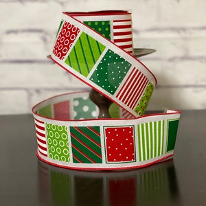 Red Lime Green Emerald Ribbon, Color Blocks Lines and Circles, Wired Edge Ribbon, 2.5&quot; Ribbon BY YARDAGE, Christmas Bow and Wreath Supplies