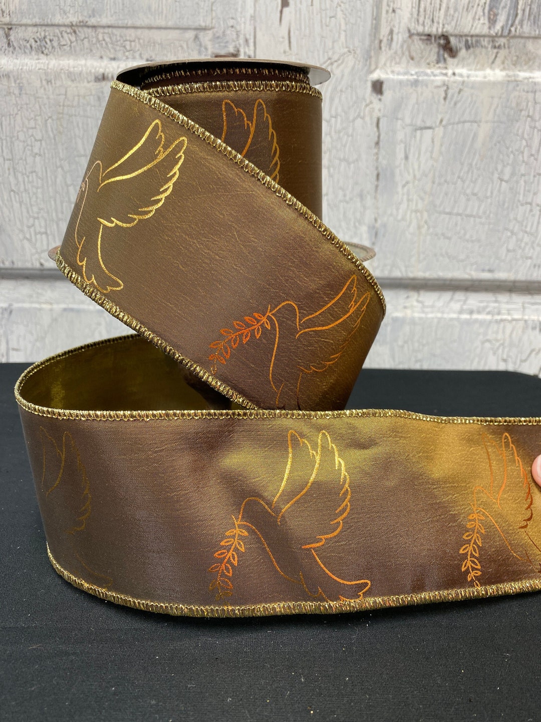 Bronze Gold With Gold Metallic Dove Design, Ribbon by D. Stevens, 3 ...