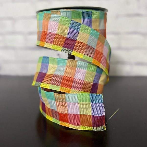 Rainbow Plaid Wired Edge Ribbon, Multi Color Red Yellow Pink Blue Green Orange, Plaid Ribbon, 2.5" Ribbon Yardage, Wreath and Bow Supplies