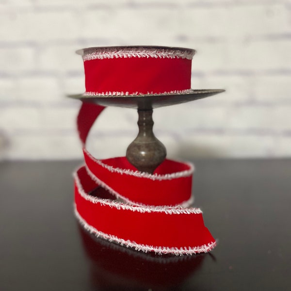 Velvet Red with Snow Edge Ribbon, Red Ribbon, 1.5" Wired Edge Ribbon BY THE YARD, Wreaths Swags and Garland Supply, Decorations Bows