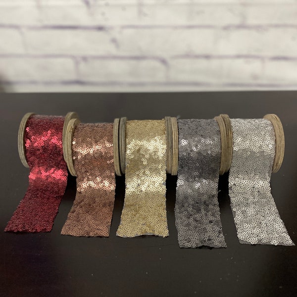 Sequin Wrap on Wooden Spool, 2" Lace 9.8 Ft Roll , Matte Sequin Wrap, Ruby Red, Silver, Gold, Copper, Gift Wrapping,  Decorations, Bows