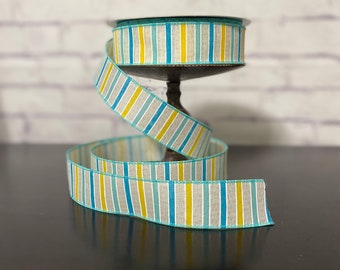 Teal Yellow Striped Wired Edge Ribbon  / 1.5" Ribbon by the Yard / Wreath and Bow Supplies / Striped Ribbon Multi Color