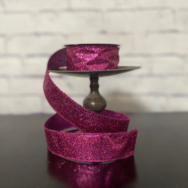Laser Hair Metallic Ribbon, Fuchsia Pink Wired Edge Ribbon, 1.5" Ribbon BY THE YARD, Wreath Swag and Garland Supply, Decorations Bows