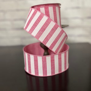 Pink White, Horizontal Stripe Wired Edge Ribbon, 2.5" Ribbon by the Yard / Wreath and Bow Supplies