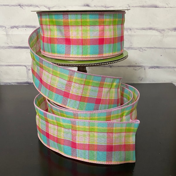 Pastel Color Plaid, Pink Blue Green Wired Edge Ribbon , 2.5" Ribbon by the Yard / Wreath and Bow Supplies