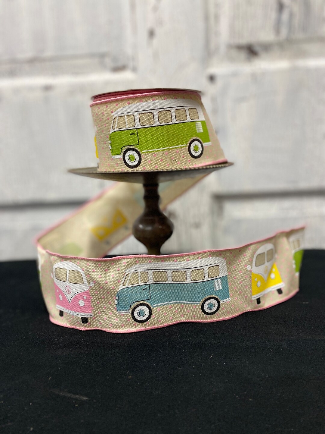 Vintage Hippie Bus Ribbon, Cream Royal Burlap Pink Polka Dots Wired ...