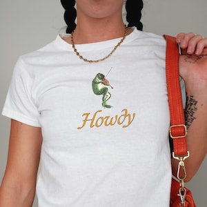 Coquette Frog Baby Tee, Cowgirl Baby Tee, Western Trendy Fitted Tee, Vintage Aesthetic Baby Tee, Cute Cottagecore Baby Tee