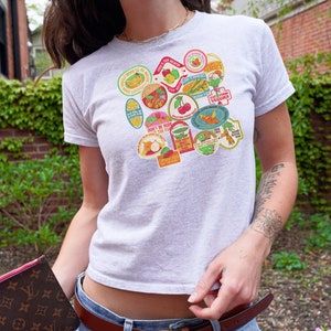 Trendy Fruit Sticker Baby Tee,Summer Baby Tee,Coastal Fitted Tee,Vintage Graphic Tee,Trendy Tee Shirt,Cute Womens Tee Shirt,Retro Baby Tee