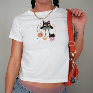 T-shirt per bambini Dolcetto o scherzetto con gatto nero di Halloween, T-shirt per bambini di Halloween, T-shirt grafica vintage, T-shirt alla moda, T-shirt da donna carina, T-shirt per bambini retrò
