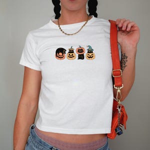 T-shirt per bambini con gatto nero con zucca di Halloween, T-shirt per bambini di Halloween, T-shirt grafica vintage, T-shirt alla moda, T-shirt da donna carina, T-shirt per bambini retrò