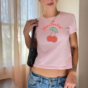 Retro Cherry Smiley Face Baby Tee Shirt,Vintage Tee Shirt,Graphic Baby Tee, Cute Baby Tee,Trendy Baby Tee,90s Fitted Tee,Y2K Tee Shirt