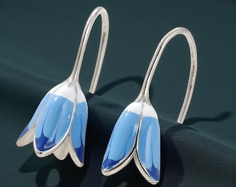 Sterling Silver Bluebell Flower Drop Earrings  Dainty Enamel Dangle Hook Earrings  Snowdrop Inspired Spring Flower Jewelry