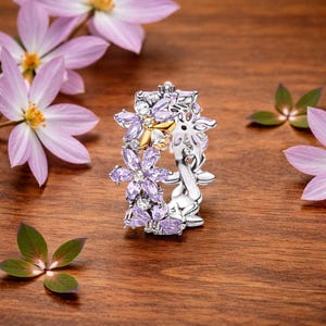 Herbarium Bee Ring for Women, Sterling Silver 14K Gold Plated, Purple Flower Ring