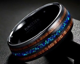 Koa Wood Blue Opal Tungsten Ring, Black Tungsten Carbide Ring, Hawaiian Wood Opal Wedding Bands, Women's Men's 8mm Rings.