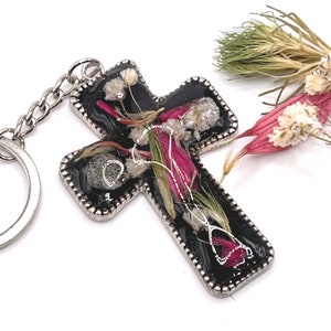 Cross Keychain Made using YOUR dried flowers, Cremation Ash, or Pet fur. Memorial Flowers, Wedding Flowers, Flowers in resin.
