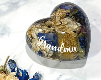 Personalized Heart Paperweight: Dried Wedding, Funeral Flowers Memorial, YOUR flowers