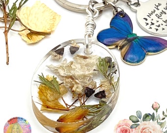 Resin Flower Petal Key chain w/Butterfly Charm. Made w/Your Flowers From Your Loved Ones Funeral Flowers. “He/she Flies w/The Butterflies”