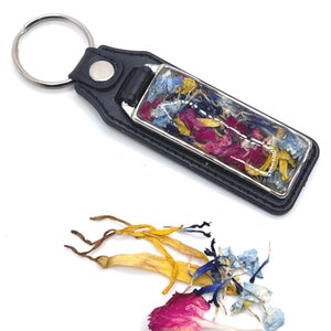 Genuine Leather Keychain Made Using YOUR Dried Petals,  Funeral Casket Memorial Flowers, Wedding Bride Bouquet, Memorial For Men