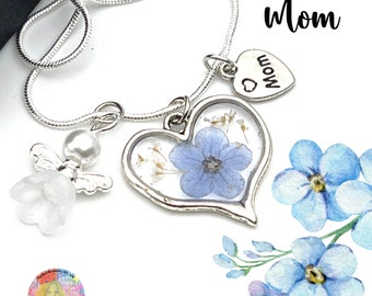 Forget Me Not Mother Memorial Necklace: Real Flower Resin Pendant, Sterling Silver
