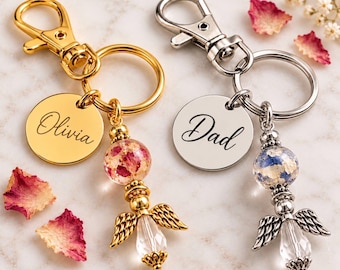 Personalized Memorial Keychain, Angel Keychain Made With Your Dried Flowers, Funeral Flower Keepsake, Sympathy Gift, Custom Name Charm