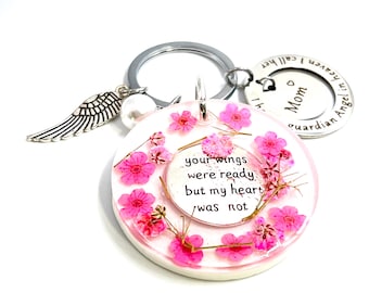Forget-Me-Not Memorial Keychain • Pressed Pink Flowers, Angel Wing Charm