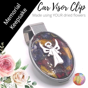 Kreuz oder Engel Auto Visierclip hergestellt mit IHREN getrockneten Blumen, Gedenkblumenandenken, Schatullblumen, Beerdigungblumen, Geschenk für Verlust, Engel