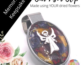 Clip para visera de coche con ángel o cruz grabado personalizado, hecho con sus flores secas, recuerdo conmemorativo, regalo floral para funeral.
