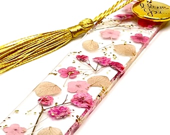 Pressed Flower Resin Bookmark with Gold Tassel • Forget-Me-Not Memorial Bookmark • “I Love You” Charm • Sympathy Gift • Floral Keepsake