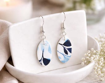 Mismatched Blue Botanical Oval Earrings | Sterling Silver Hooks, Polymer Clay Dangles
