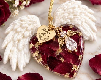 Custom Memorial Car Charm Made With YOUR Dried Flower Petals, Angel Wing Heart Keepsake, Sympathy Gift, Loss of Loved One