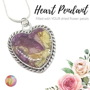 Herz-Anhänger-Halskette hergestellt mit IHREN getrockneten Blütenblättern, Schatull-Beerdigung Blumen, Hochzeitsblumenstrauß-Blumen, Geschenk für die Braut, Geschenk für den Verlust