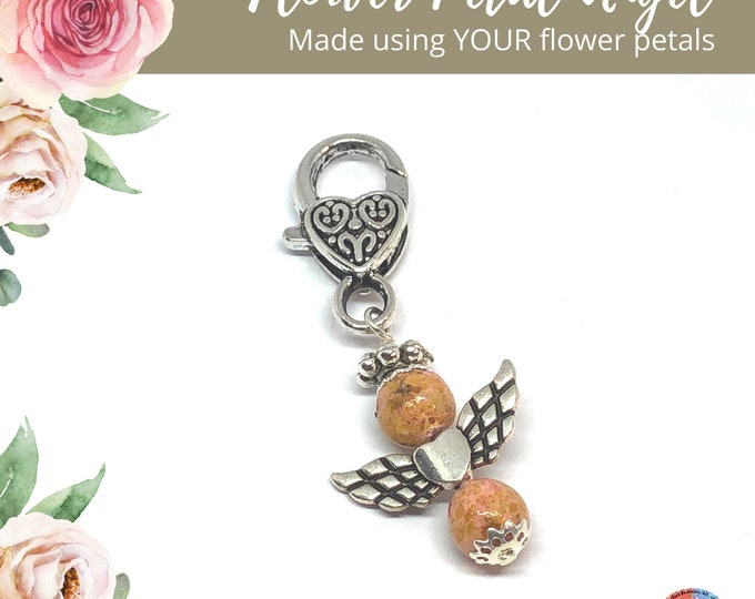 Funeral Memorial Keepsakes Keychain or Flower Petal Keepsakes Angel Zipper Pull, Flowers From