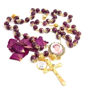 Gold Tone Photo Rosary with Clear Resin Beads, Custom Rosary from Your Dried Flowers, Funeral Flower Memorial, Wedding Bouquet Keepsake