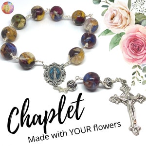 Chaplet Made Using YOUR Dried Flowers, Clear Resin Flowee Petal Beads,Funeral Casket Memorial Flowers, Wedding Bride Bouquet, Rosary Decade