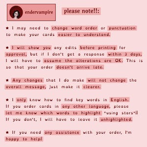 A graphic titled, “Please note!” It has 5 bullet points, describing extra information about how to order. These will be available in the item description, due to character limits.