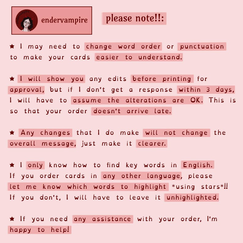 A graphic titled, “Please note!” It has 5 bullet points, describing extra information about how to order. These will be available in the item description, due to character limits.