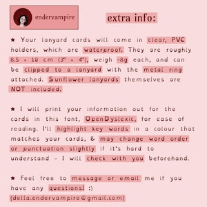 A graphic giving extra information about the lanyard cards. There are 3 bullet points. Again, this will be available in the item description  due to character limits.
