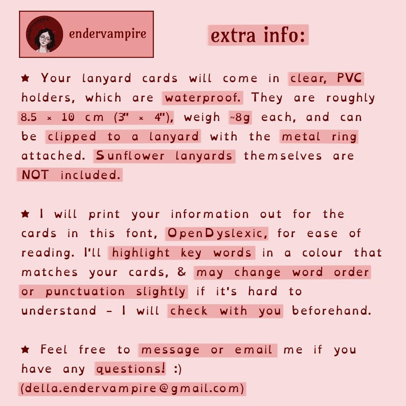A graphic giving extra information about the lanyard cards. There are 3 bullet points. Again, this will be available in the item description  due to character limits.