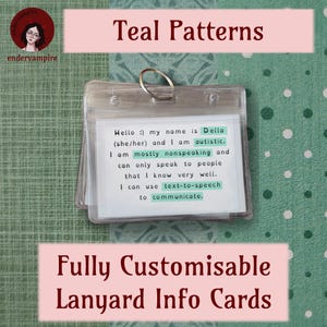 Teal Patterns - Fully Customisable Lanyard Hidden Disability Medical Information/Access/Communication Cards