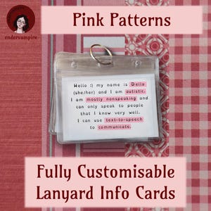 Pink Patterns - Fully Customisable Lanyard Hidden Disability Medical Information/Access/Communication Cards