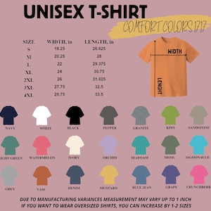 May include: A product image showcasing a unisex t-shirt with size and measurement details. The image displays various t-shirt colors, including navy, white, black, and pepper. The text "COMFORT COLORS 1717" is visible. Measurements are in inches.