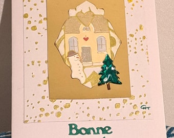 Biglietto di felice anno nuovo, biglietto modello unico, biglietto fatto a mano, biglietto firmato, biglietto colore bianco e oro, biglietto casa e pupazzo di neve