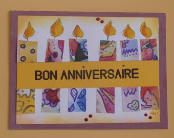 carte anniversaire, carte modèle unique, carte avec bougies , carte colorée, carte fait main, carte signée, carte multicolore, carte double
