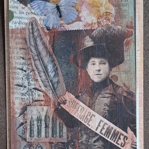 Carte, vintage, femme, collage, suffrage des femmes, format env 10 X 14,5