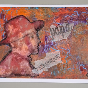Carte fête, modèle unique, fait main. Coloris rouge, orange, bleu. Texte: papa- t'es unique.