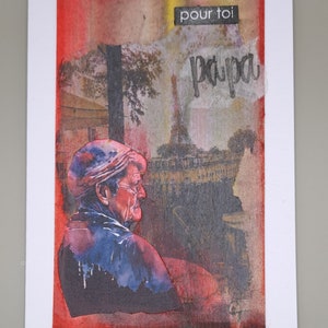 Carte fête , modèle unique, fait main, signée. Coloris rouge, brun sur fond de carte blanc. Esprit vintage. Texte: pour toi- papa.