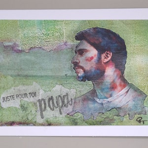 Party card, unique model, handmade, signed, green color, photo printing, collage, face, profile.