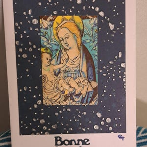 Carte Bonne année, carte modèle unique, carte fait main, carte signée, photo vierge à l'enfant sur fond embossé, coloris bleu, argent