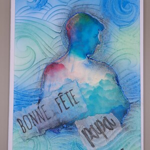 Party card, unique model, handmade, signed. Blue, green, dad, sea, silhouette.